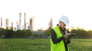 Young engineer with tablet standing outdoors by oil refinery. Copy space.