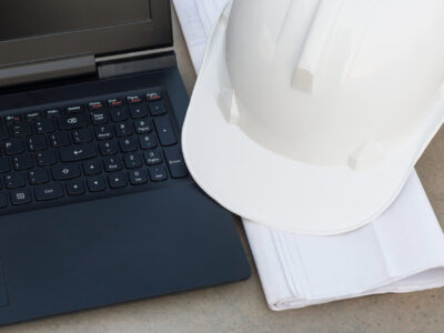 The white safety helmet with the blueprint and laptop at construction site